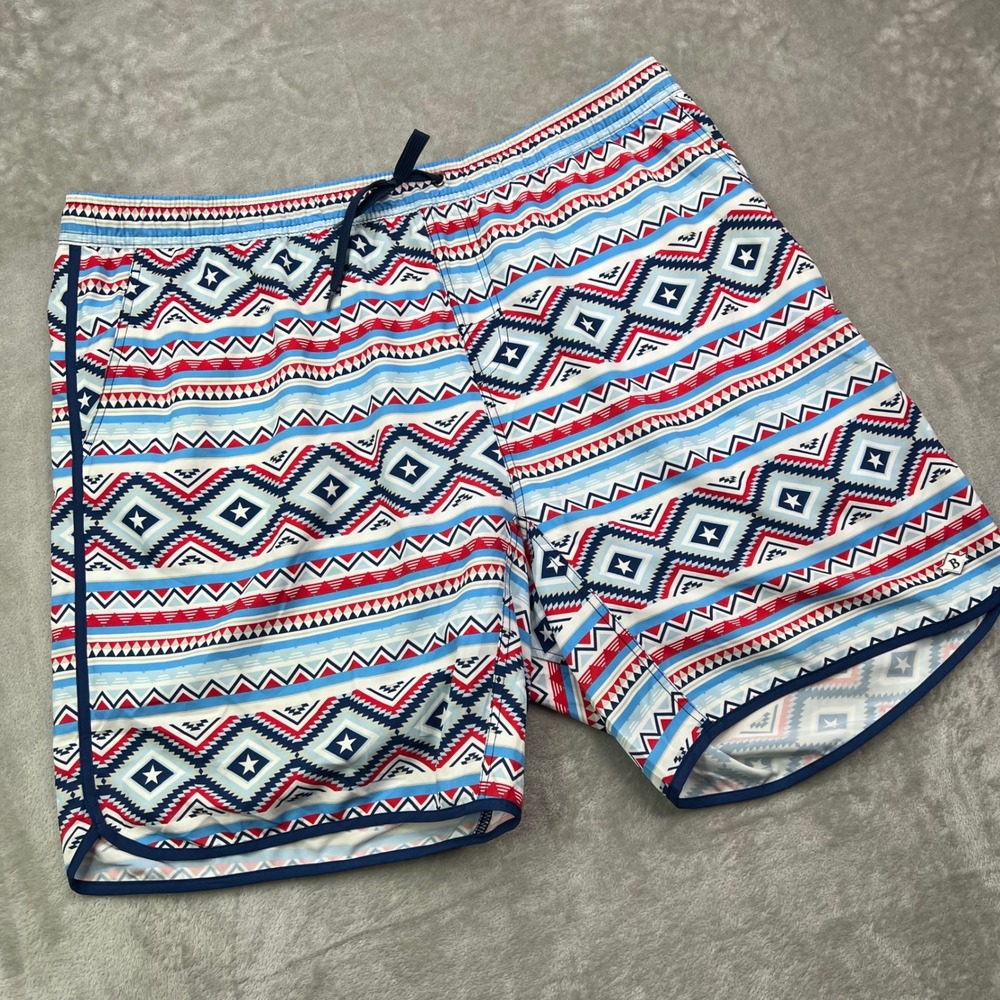 Burlebo Swim Trunks Mens XL Red‎ White Blue Southwestern Geometric Stars Liner